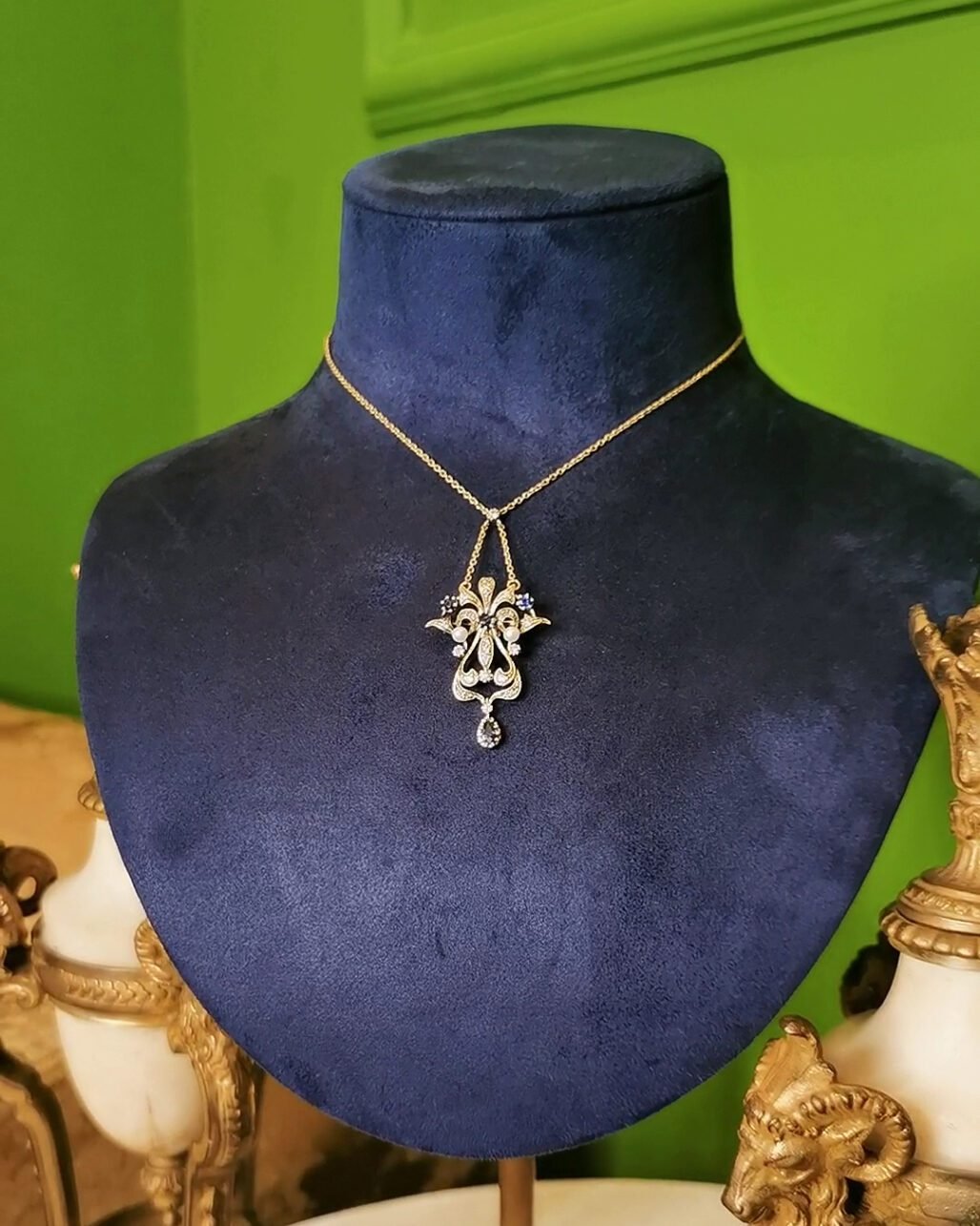 Antique Edwardian Sapphire Necklace - 18k Gold & Wild Pearl (Convertible Brooch)