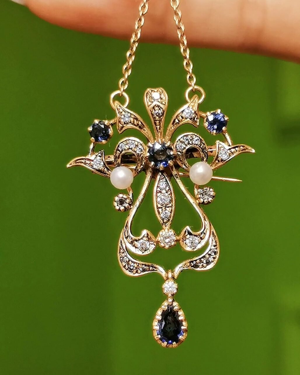 Antique Edwardian Sapphire Necklace - 18k Gold & Wild Pearl (Convertible Brooch)