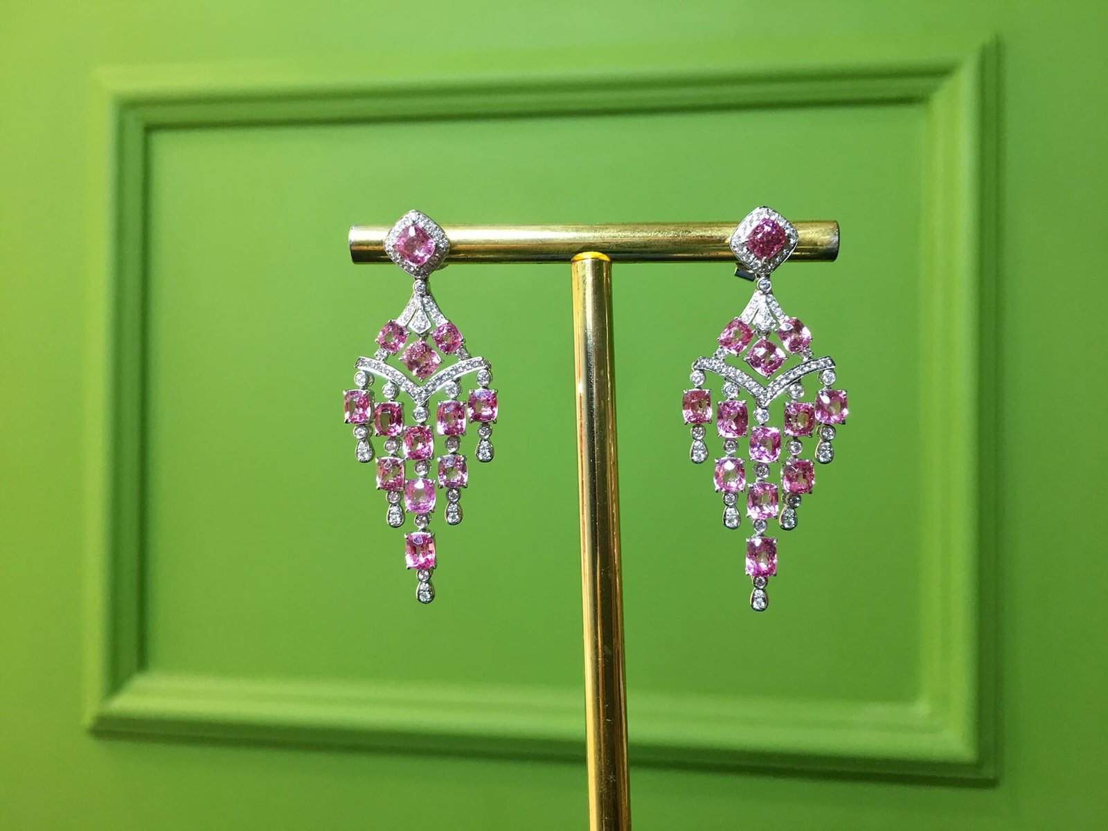 Burmese pink spinel chandelier earrings with diamond tassels