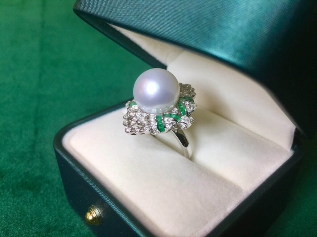 Art Deco Style Emerald & Australian White Pearl Ring/Pendant - 18K Gold with Mystery Set Diamonds