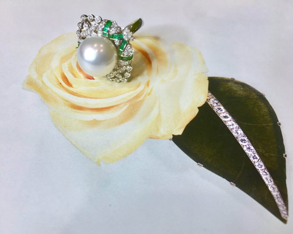 Art Deco Style Emerald & Australian White Pearl Ring/Pendant - 18K Gold with Mystery Set Diamonds
