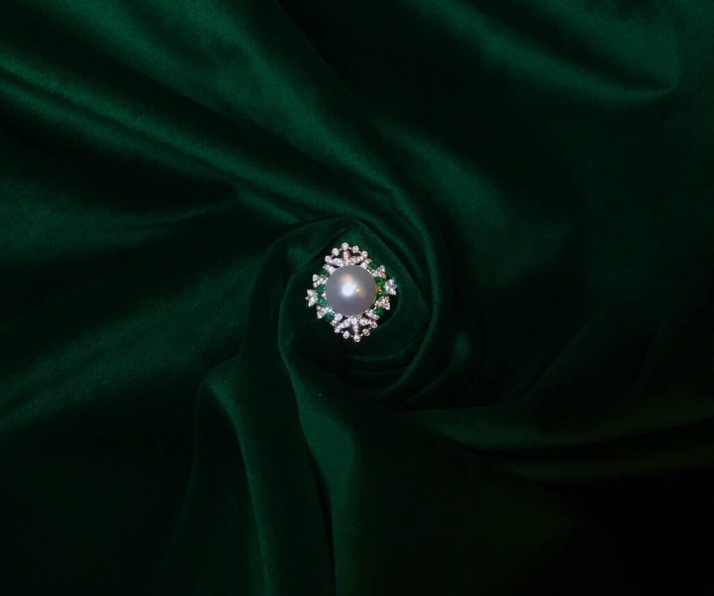 Art Deco Style Emerald & Australian White Pearl Ring/Pendant - 18K Gold with Mystery Set Diamonds