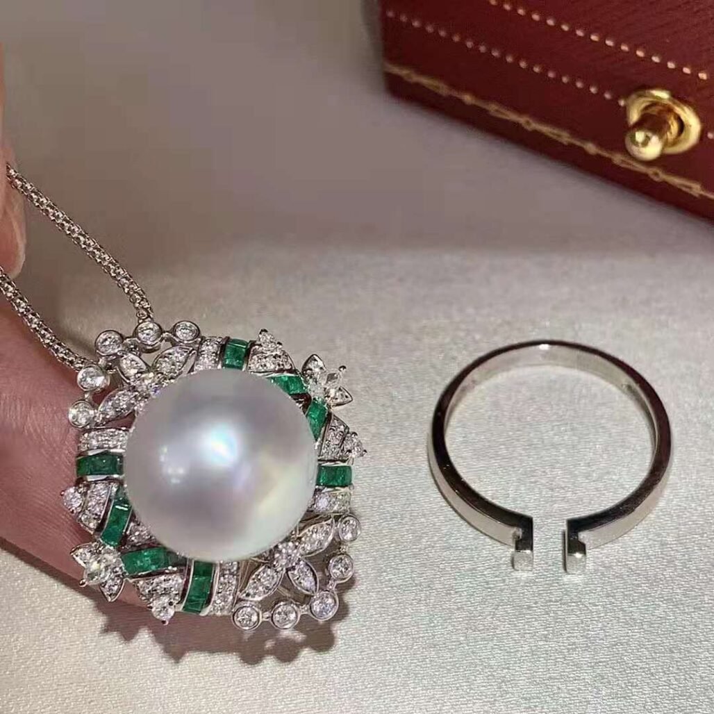 Art Deco Style Emerald & Australian White Pearl Ring/Pendant - 18K Gold with Mystery Set Diamonds