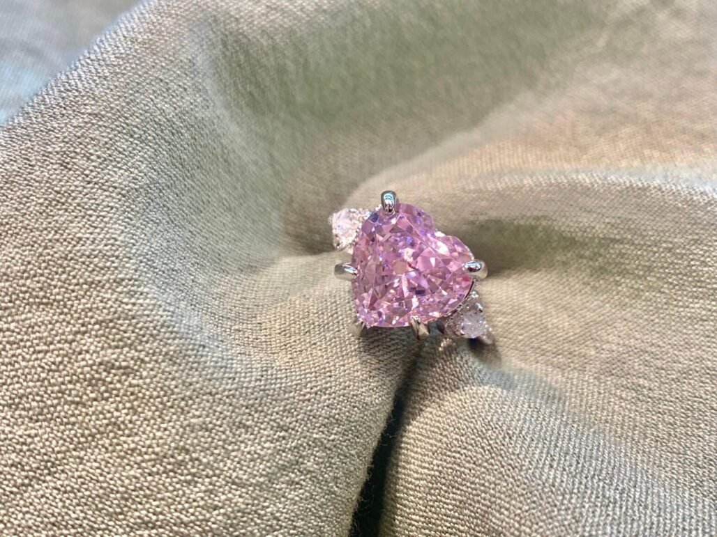 Heart-Shaped Pink Diamond Inspired Ring – S925 Silver with 18K White Gold Plating