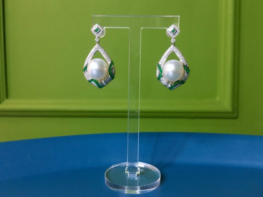 ART DECO classic style hidden inlaid emerald Australian white earrings