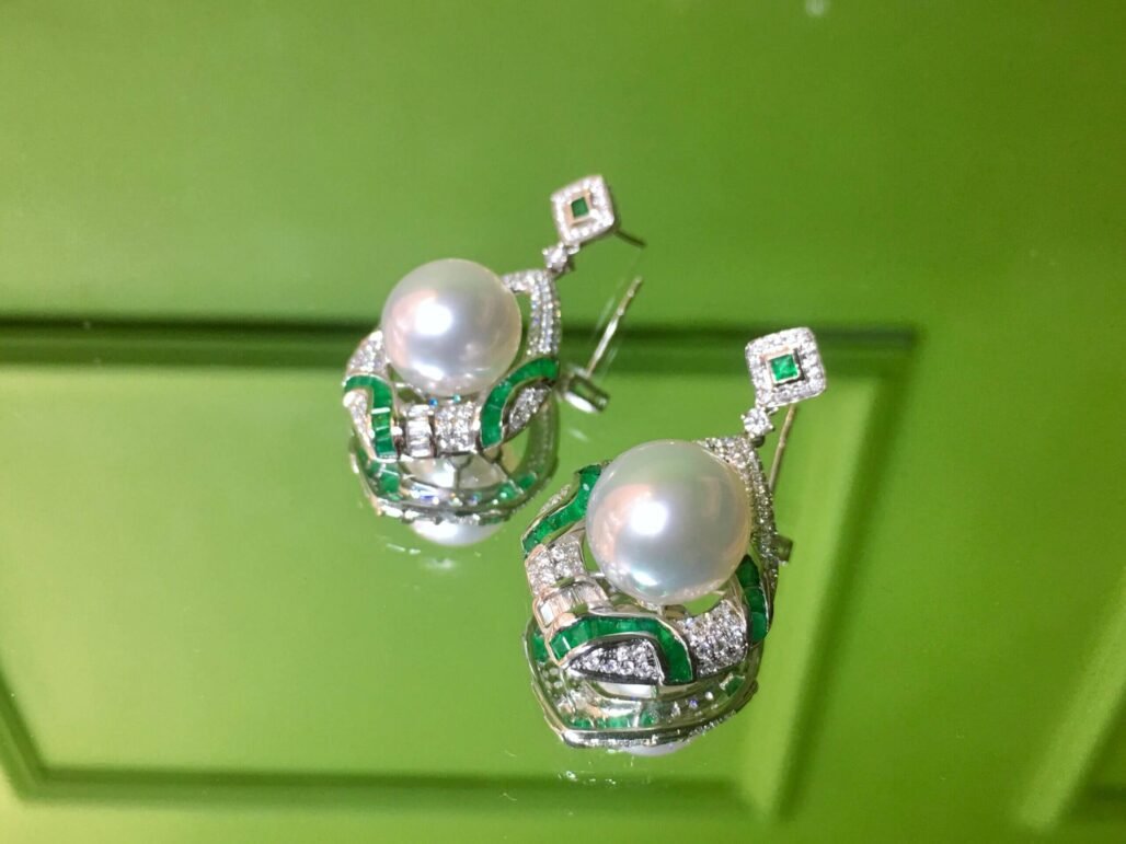 ART DECO classic style hidden inlaid emerald Australian white earrings