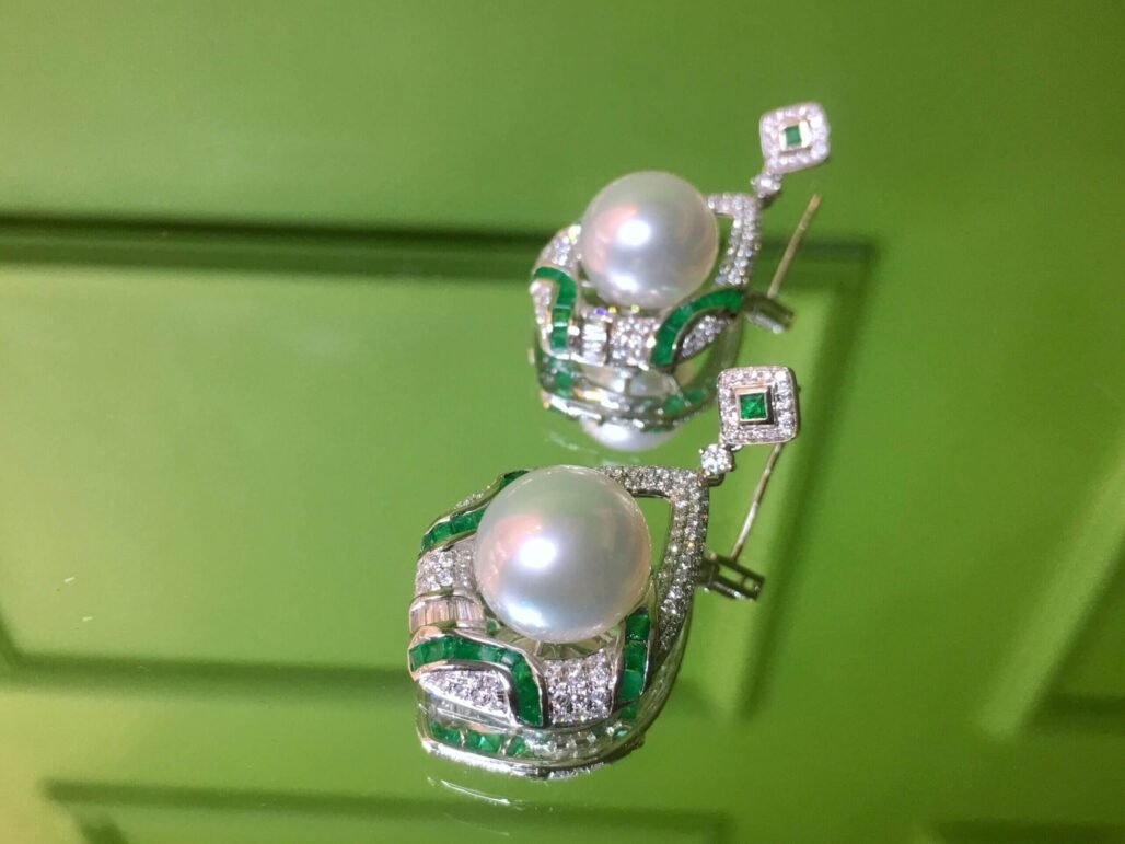 ART DECO classic style hidden inlaid emerald Australian white earrings