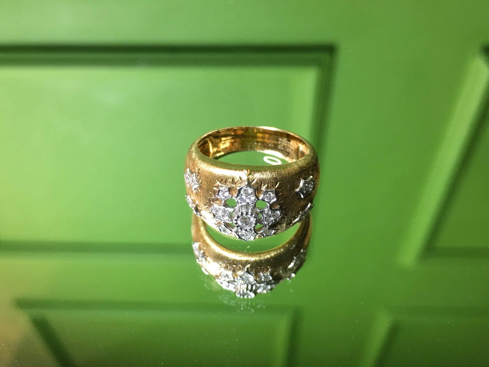 Florentine Finish Diamond Flower Ring - 18k Gold "Silk" Engraving (Buccellati Style)