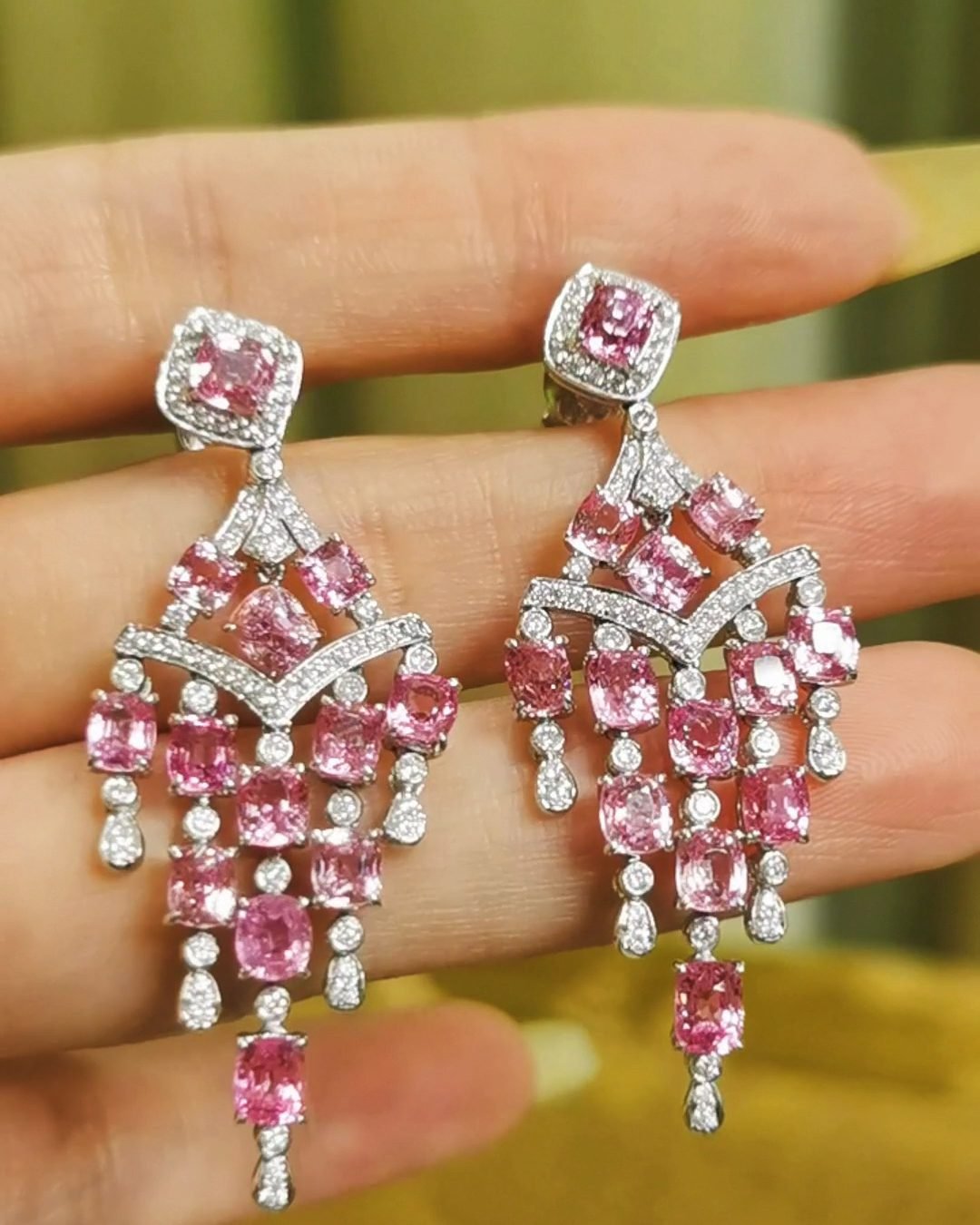 Pink Spinel Chandelier Earrings - Burmese Gems & Diamond Tassels (High Jewelry)