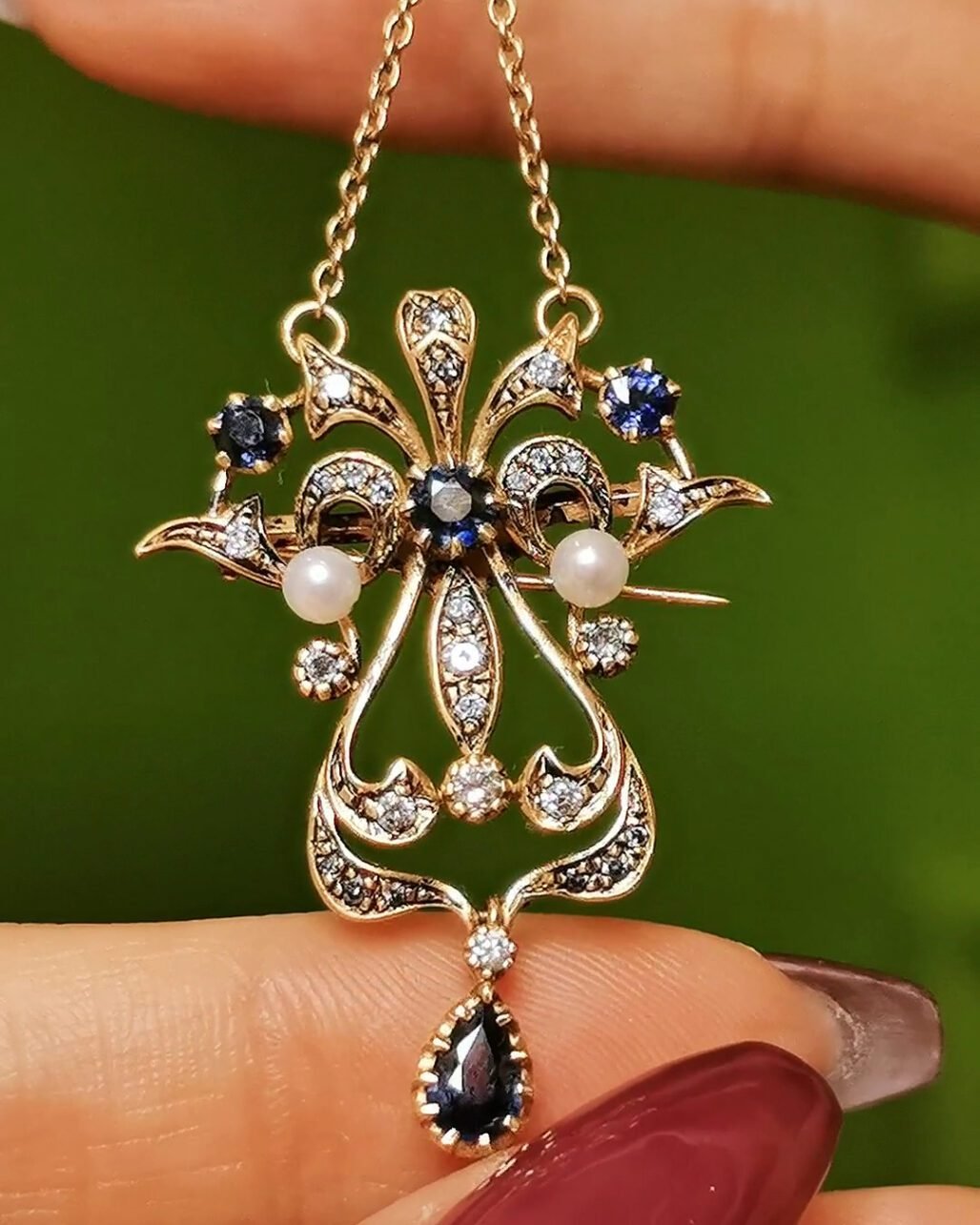 Antique Edwardian Sapphire Necklace - 18k Gold & Wild Pearl (Convertible Brooch)