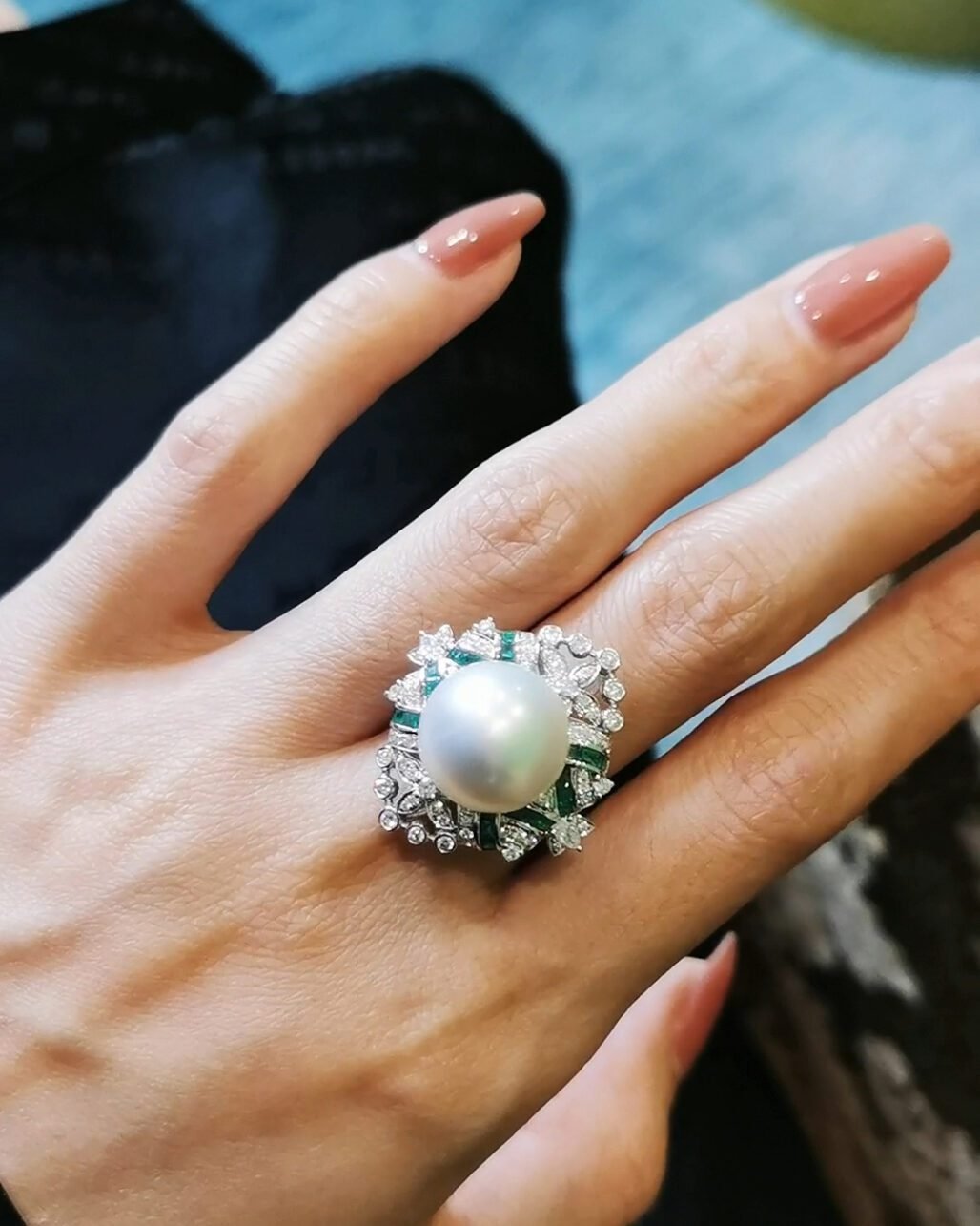 Invisible Set Emerald & Pearl Ring - 13-14mm South Sea (Convertible Pendant)