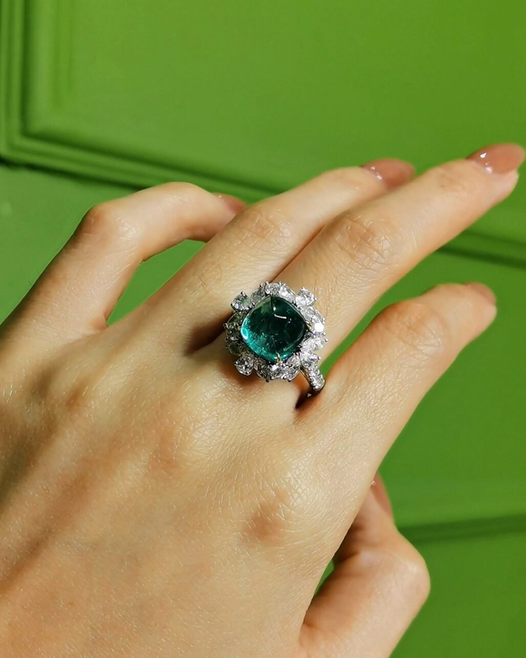 Sugarloaf Cut Zambian Emerald Ring - 4.3ct Vivid Green (Convertible Pendant)