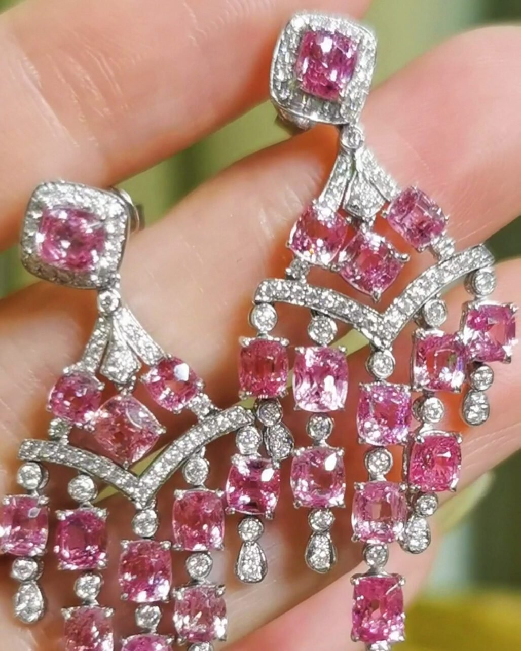 Pink Spinel Chandelier Earrings - Burmese Gems & Diamond Tassels (High Jewelry)