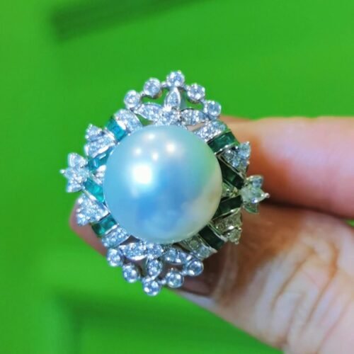 Invisible Set Emerald Pearl Ring 13-14mm South Sea
