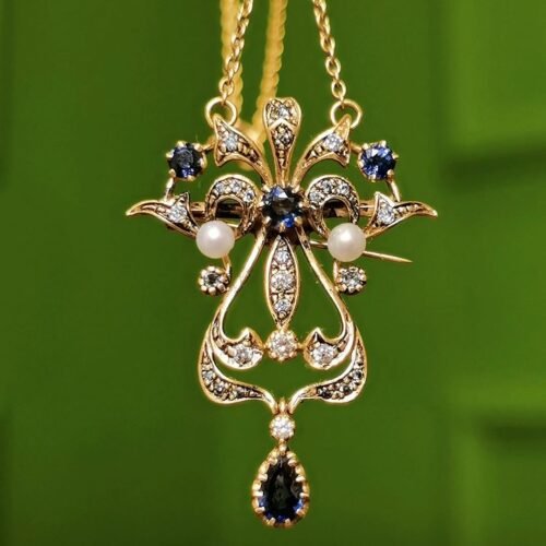 natural-wild-pearl-sapphire-detail-closeup.jpg Antique Edwardian Sapphire Necklace Convertible Brooch Wild Pearl