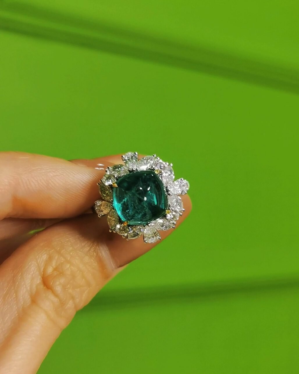 Sugarloaf Cut Zambian Emerald Ring 4.3ct Vivid Green