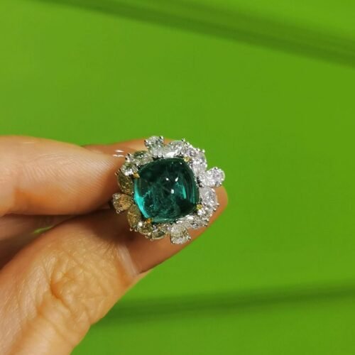 Sugarloaf Cut Zambian Emerald Ring 4.3ct Vivid Green
