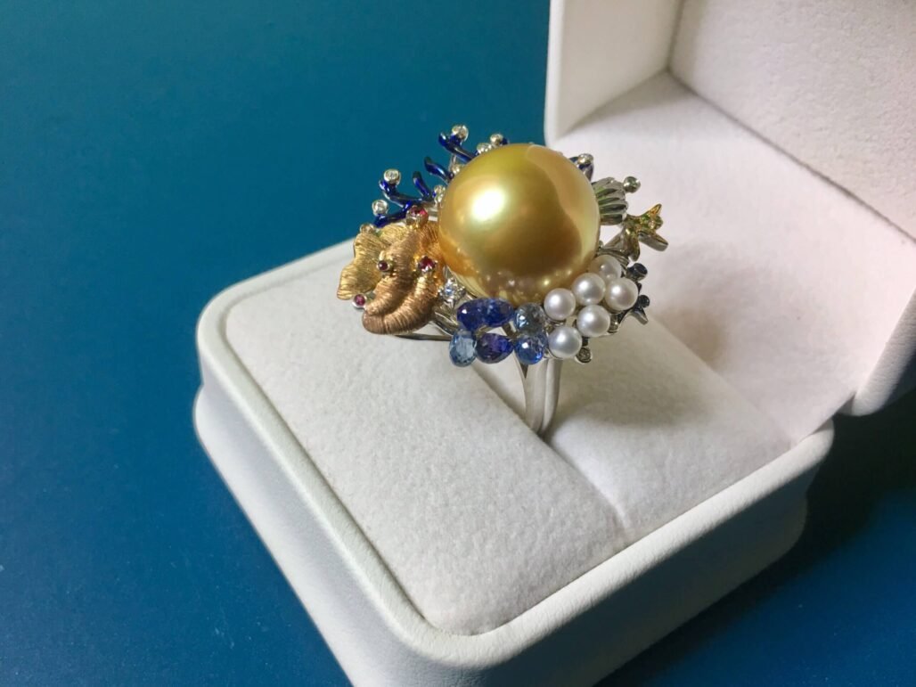 Rare 14.5mm South Sea Golden Pearl Ring | PERLA ART French Designer High Jewelry