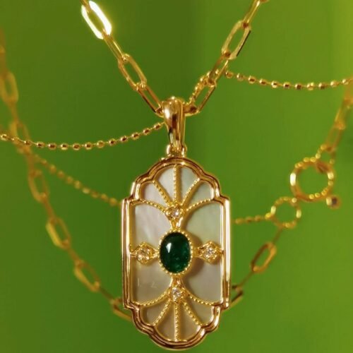 Art Deco Colombian Emerald Pendant Necklace Layered Chain