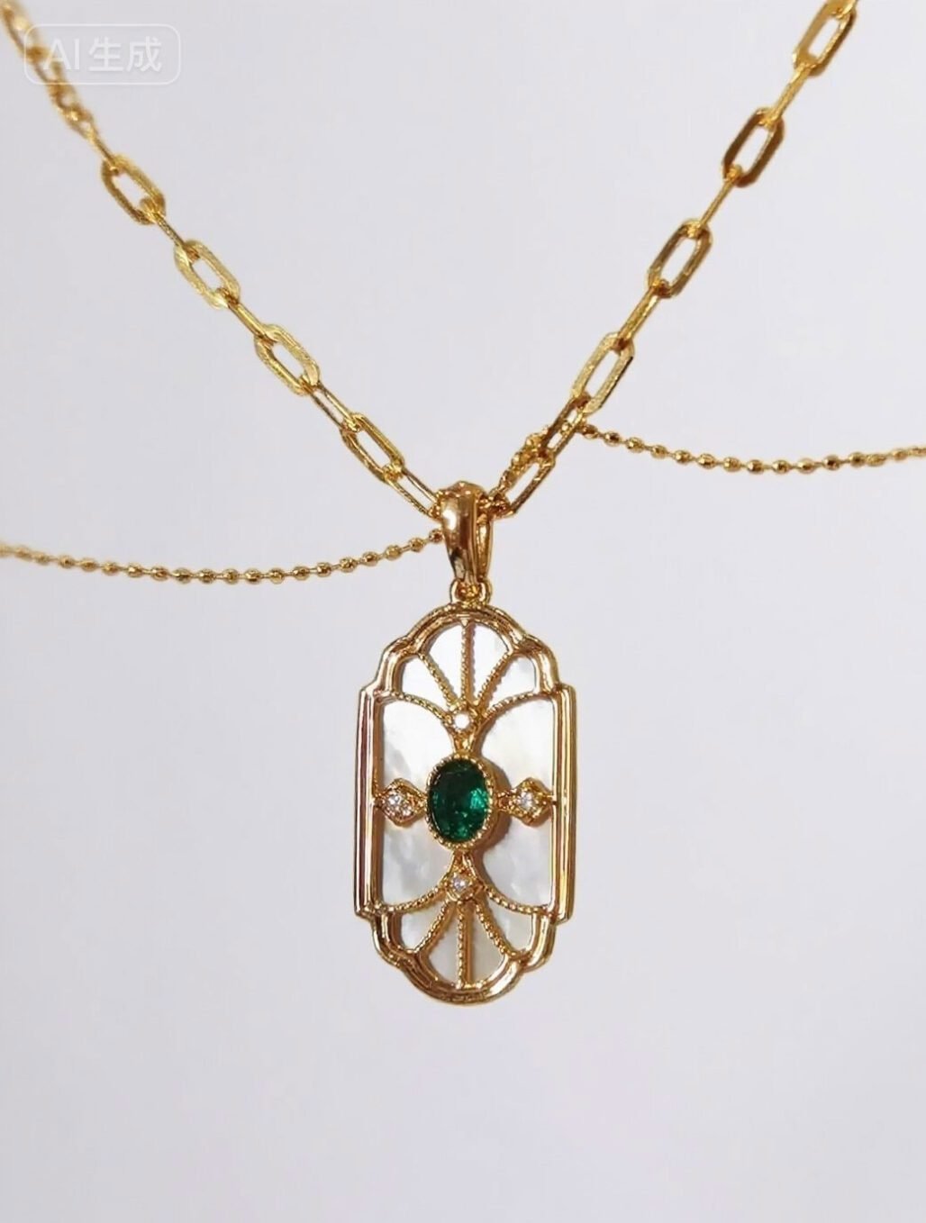 Art Deco Colombian Emerald Pendant - 18k Gold Layered Necklace (Muzo Green)