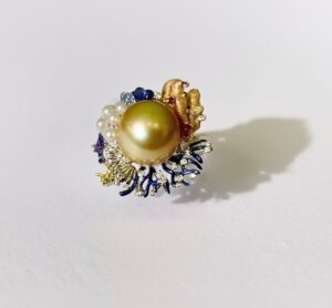 Rare 14.5mm South Sea Golden Pearl Ring | PERLA ART French Designer High Jewelry