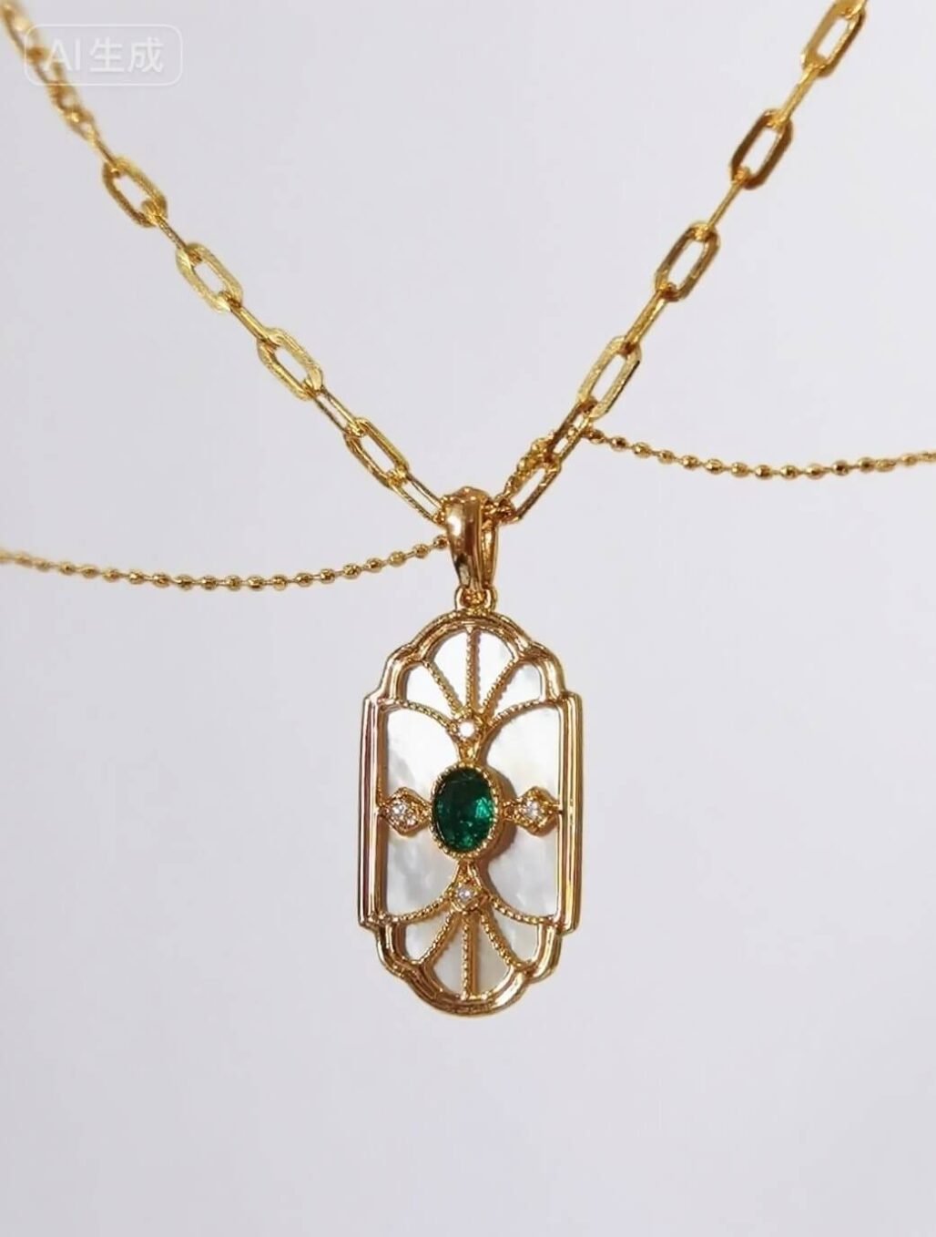 Art Deco Emerald Pendant Necklace in 18K Gold | Colombian Emerald & Mother of Pearl Jewelry