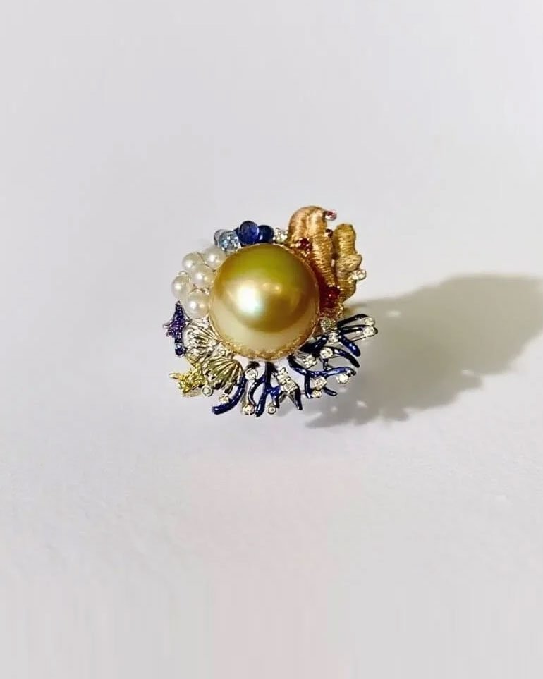 14.5mm South Sea Golden Pearl Ring French Designer High Jewelry
