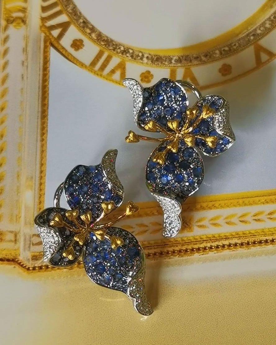 Artistic Sapphire Orchid Earrings - 18k Gold & 4.55ct Unheated Sapphires (Sculptural)
