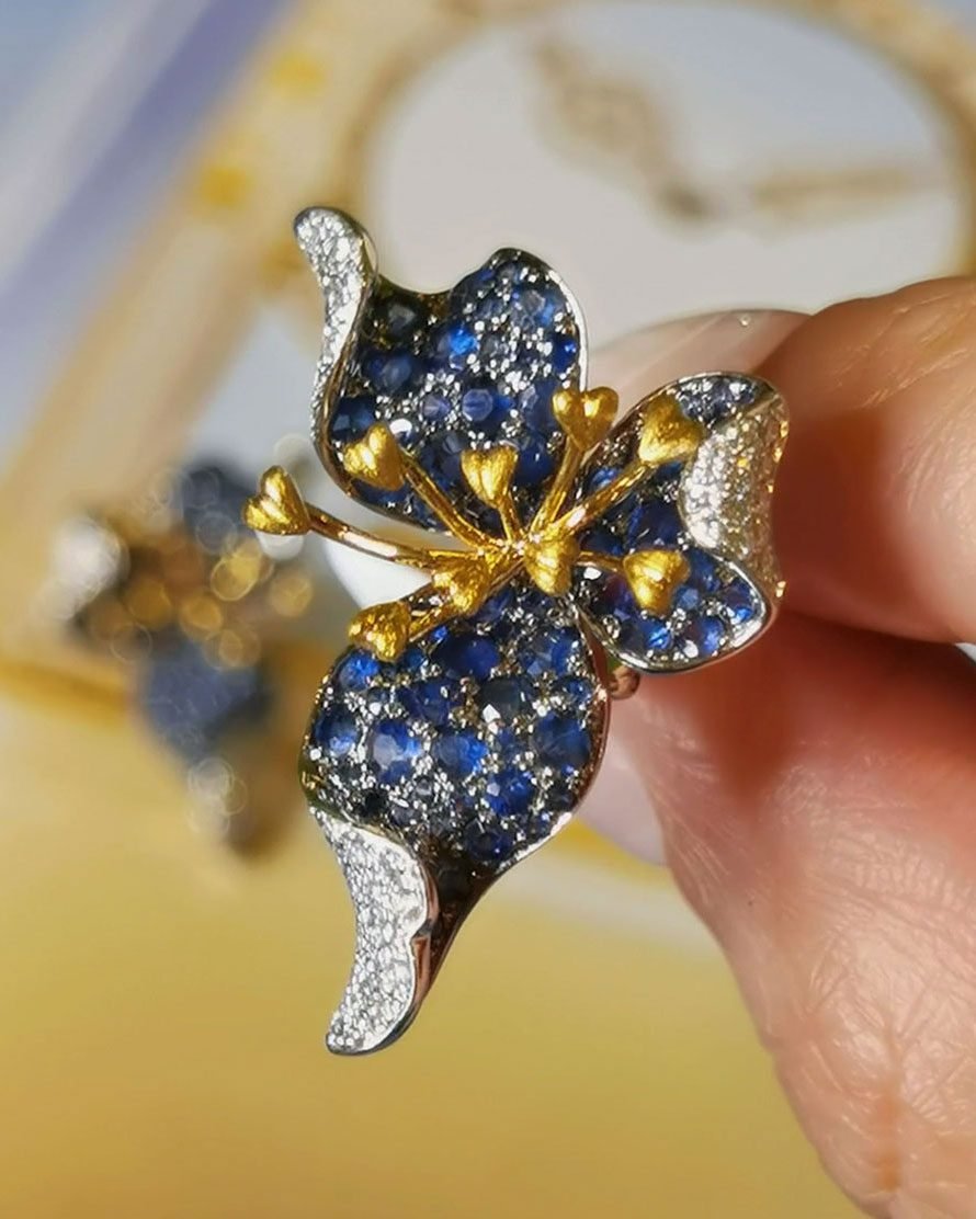 Artistic Sapphire Orchid Earrings - 18k Gold & 4.55ct Unheated Sapphires (Sculptural)