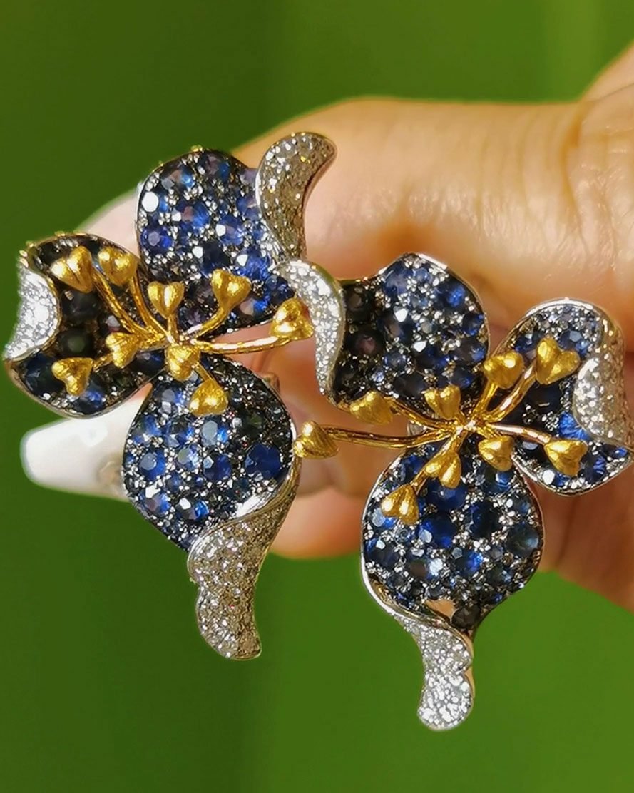 Artistic Sapphire Orchid Earrings - 18k Gold & 4.55ct Unheated Sapphires (Sculptural)