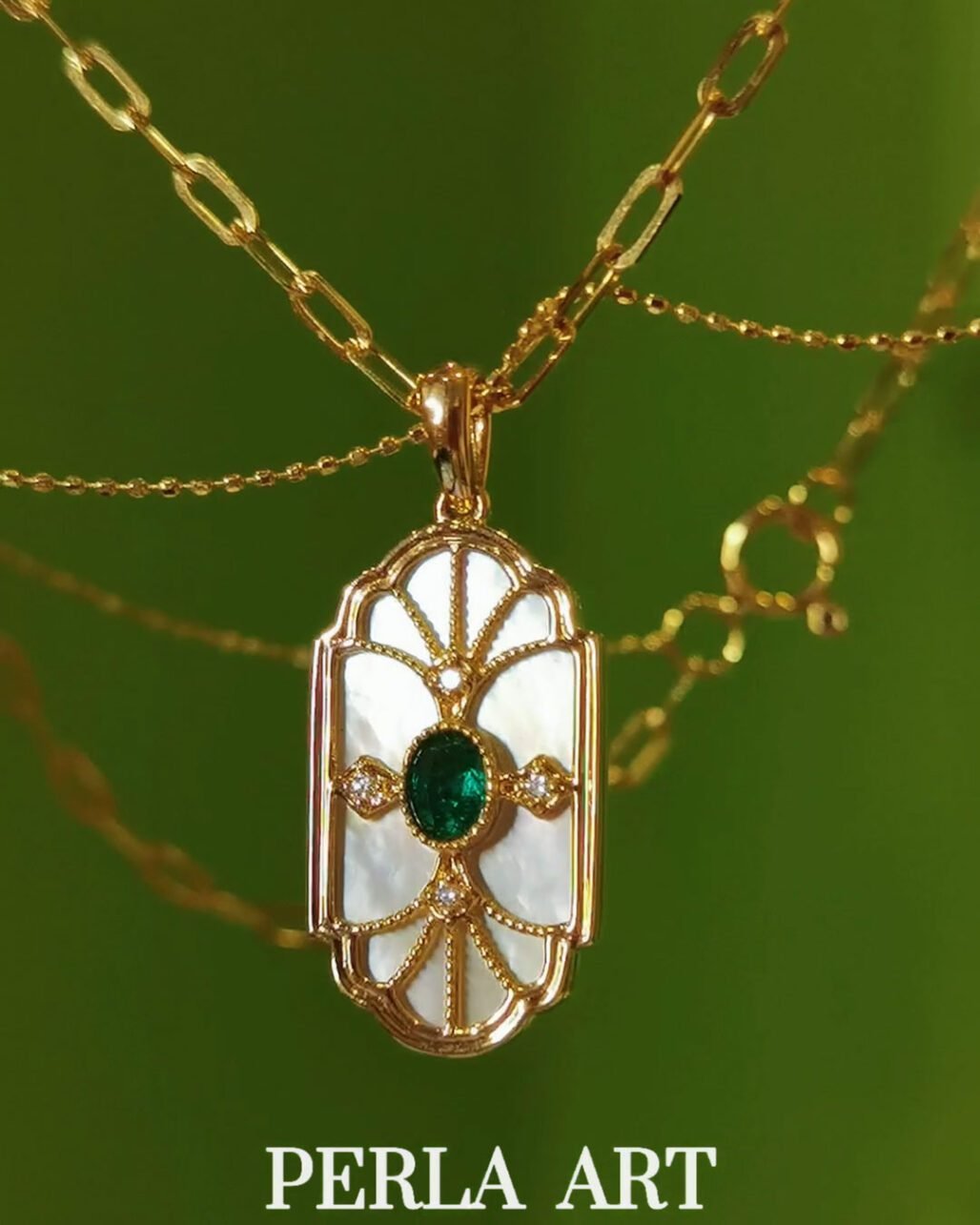 Art Deco Colombian Emerald Pendant - 18k Gold Layered Necklace (Muzo Green)