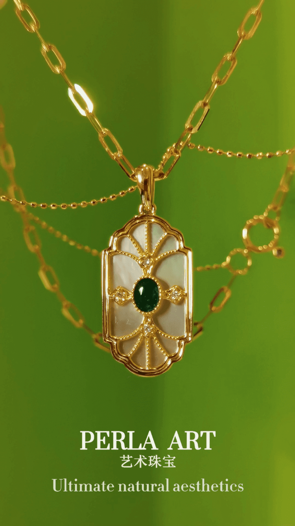 Art Deco Emerald Pendant Necklace in 18K Gold | Colombian Emerald & Mother of Pearl Jewelry