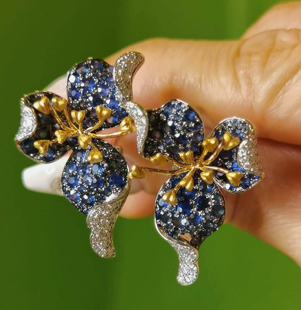 18K Gold & Natural Sapphire Orchid Earrings