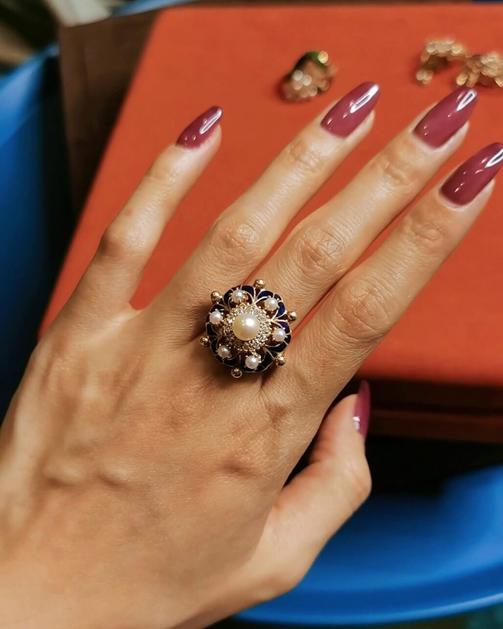 Victorian 1880s Blue Enamel Jewelry Set - 15k Gold & Wild Pearls (Ring & Earrings)