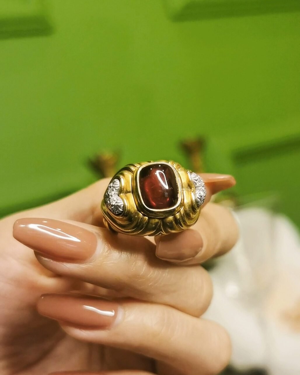 Victorian Rubellite Diamond Ring - 18k Gold Antique 1850s (Cabochon)