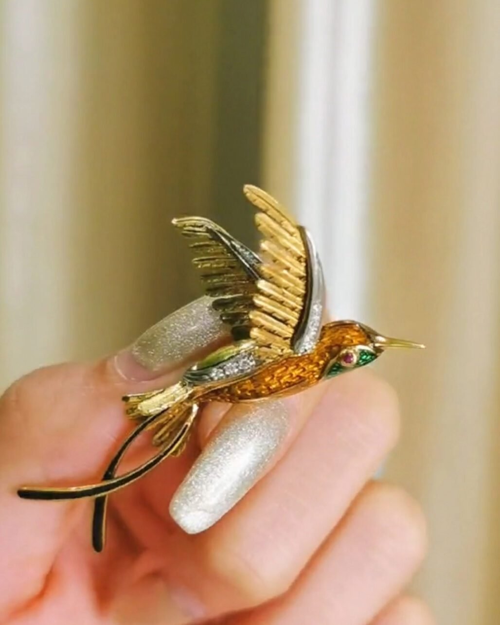 1910 Antique Hummingbird Brooch Enamel Diamond Ruby