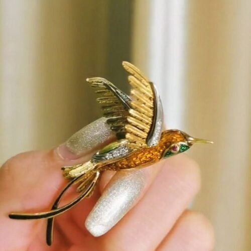 1910 Antique Hummingbird Brooch Enamel Diamond Ruby
