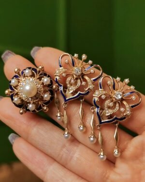 Victorian Blue Enamel Set 1880s Wild Pearl 15k Gold