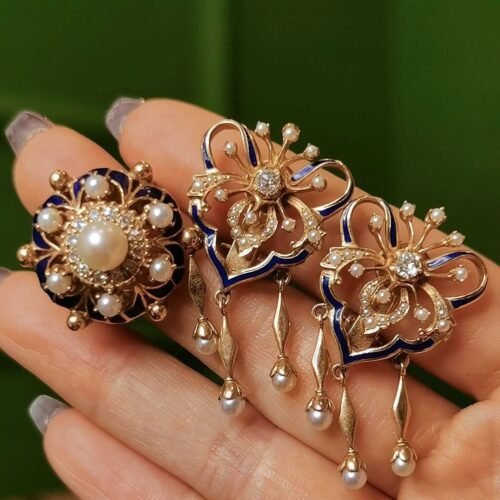 Victorian Blue Enamel Set 1880s Wild Pearl 15k Gold