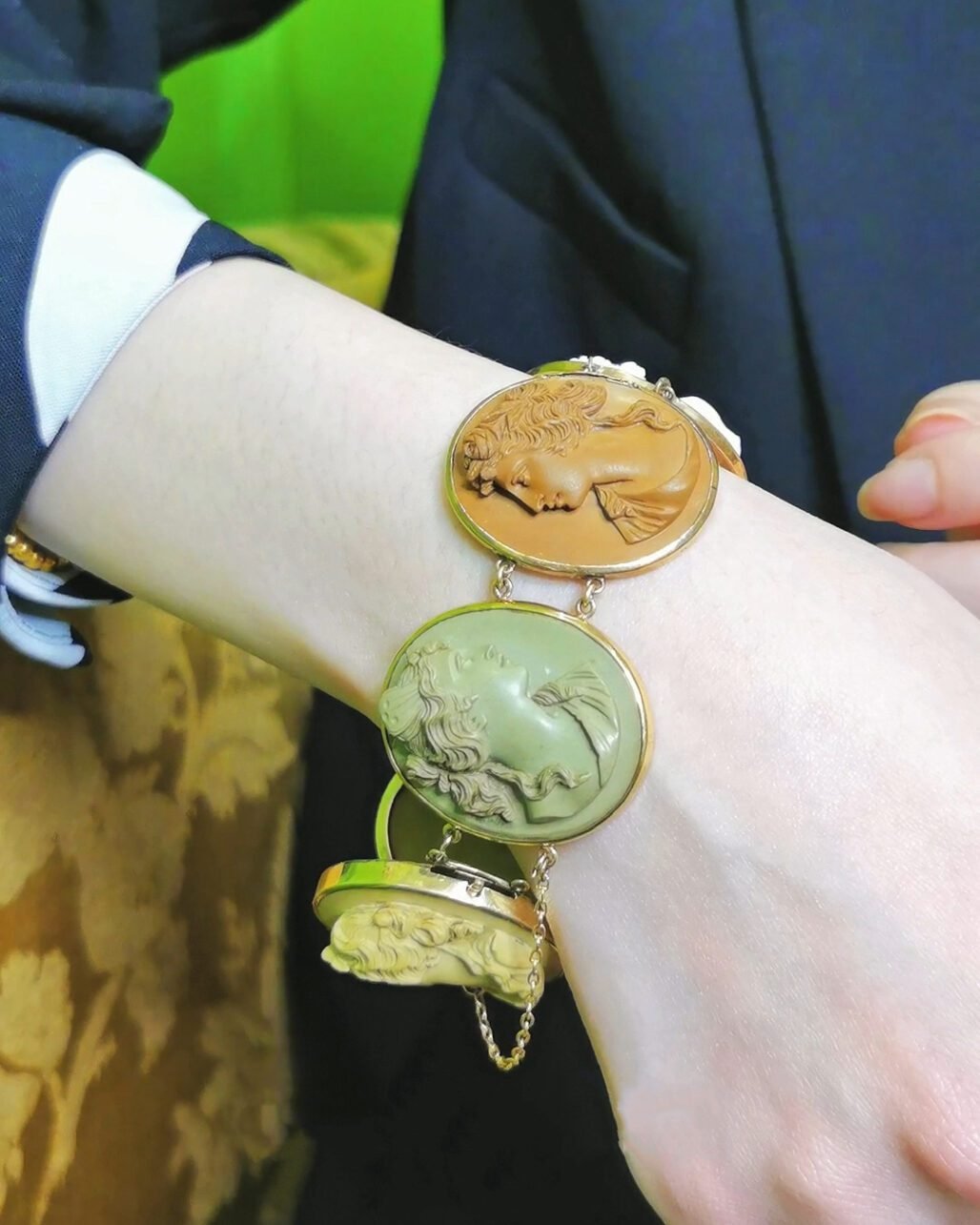 Antique Italian Lava Cameo Bracelet - 1860s Grand Tour (Rare Volcanic Rock & Agate)