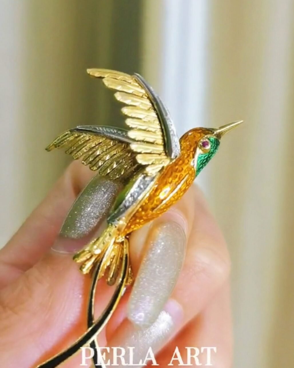 1910 Antique Hummingbird Brooch - Hand Painted Enamel & Dual Gold (Diamond/Ruby)