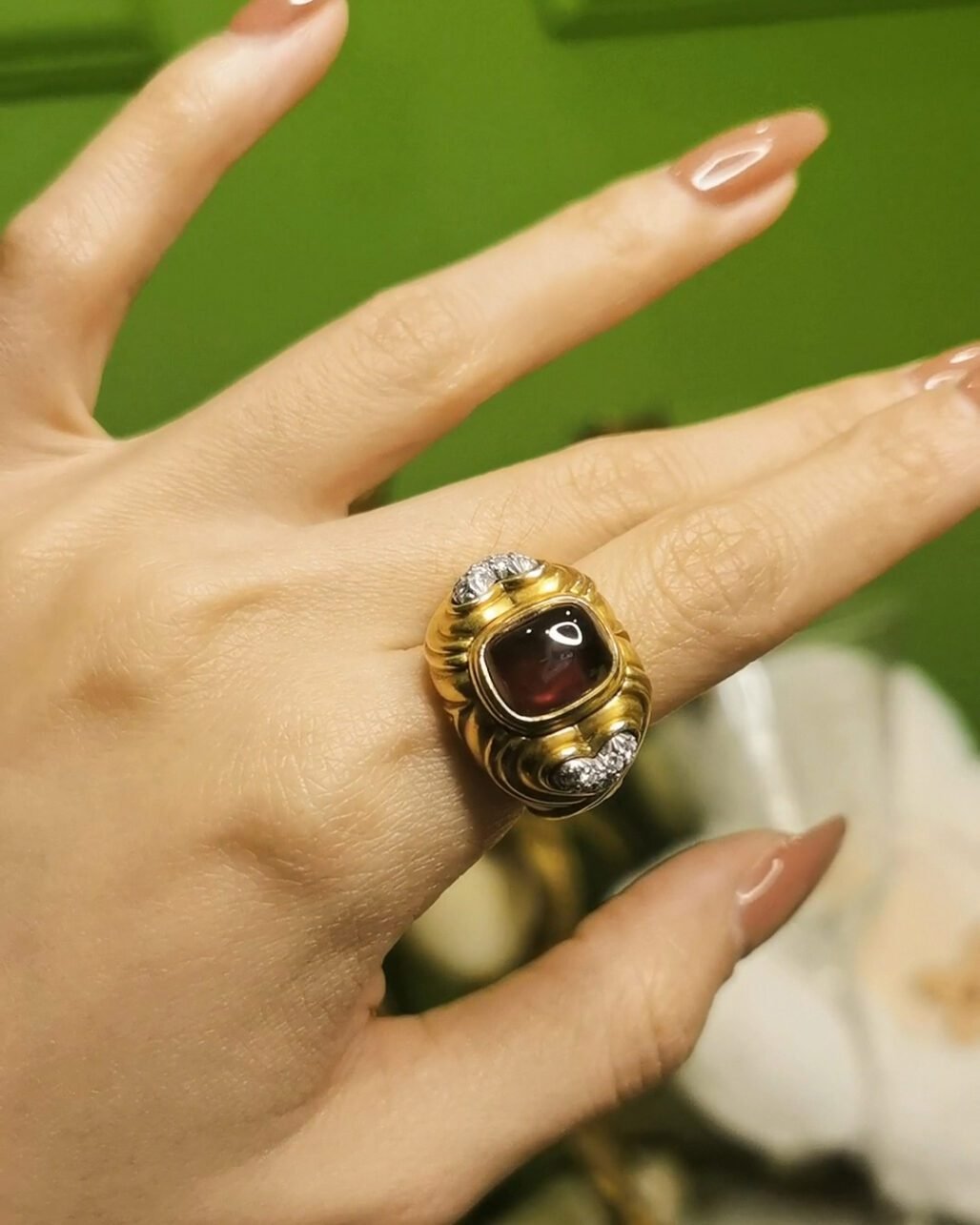 Victorian Rubellite Diamond Ring - 18k Gold Antique 1850s (Cabochon)