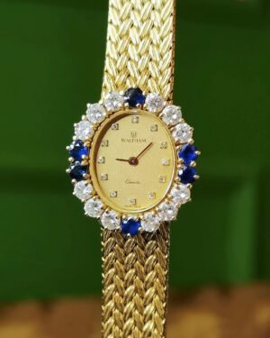 Vintage Waltham 18k Gold Watch Diamond Sapphire Wheat Chain