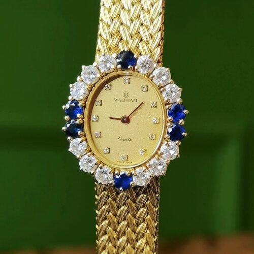 Vintage Waltham 18k Gold Watch Diamond Sapphire Wheat Chain