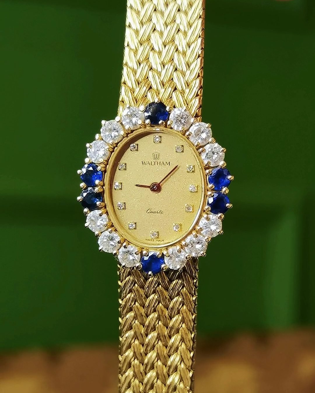 Vintage Waltham 18k Gold Watch Diamond Sapphire Wheat Chain