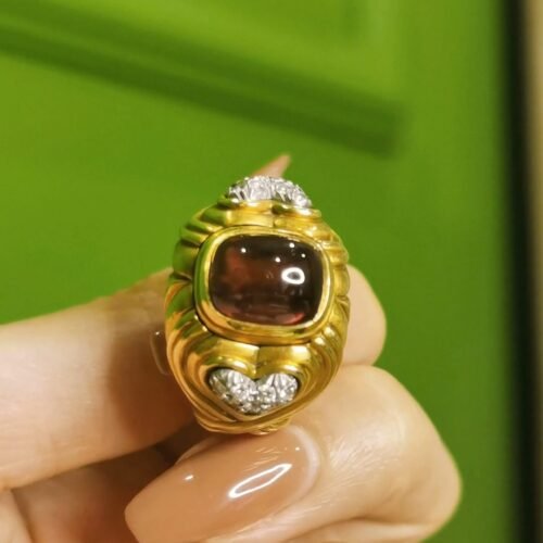 cabochon-rubellite-tourmaline-raspberry-red-detail Victorian Rubellite Diamond Ring 1850s Antique 18k Gold