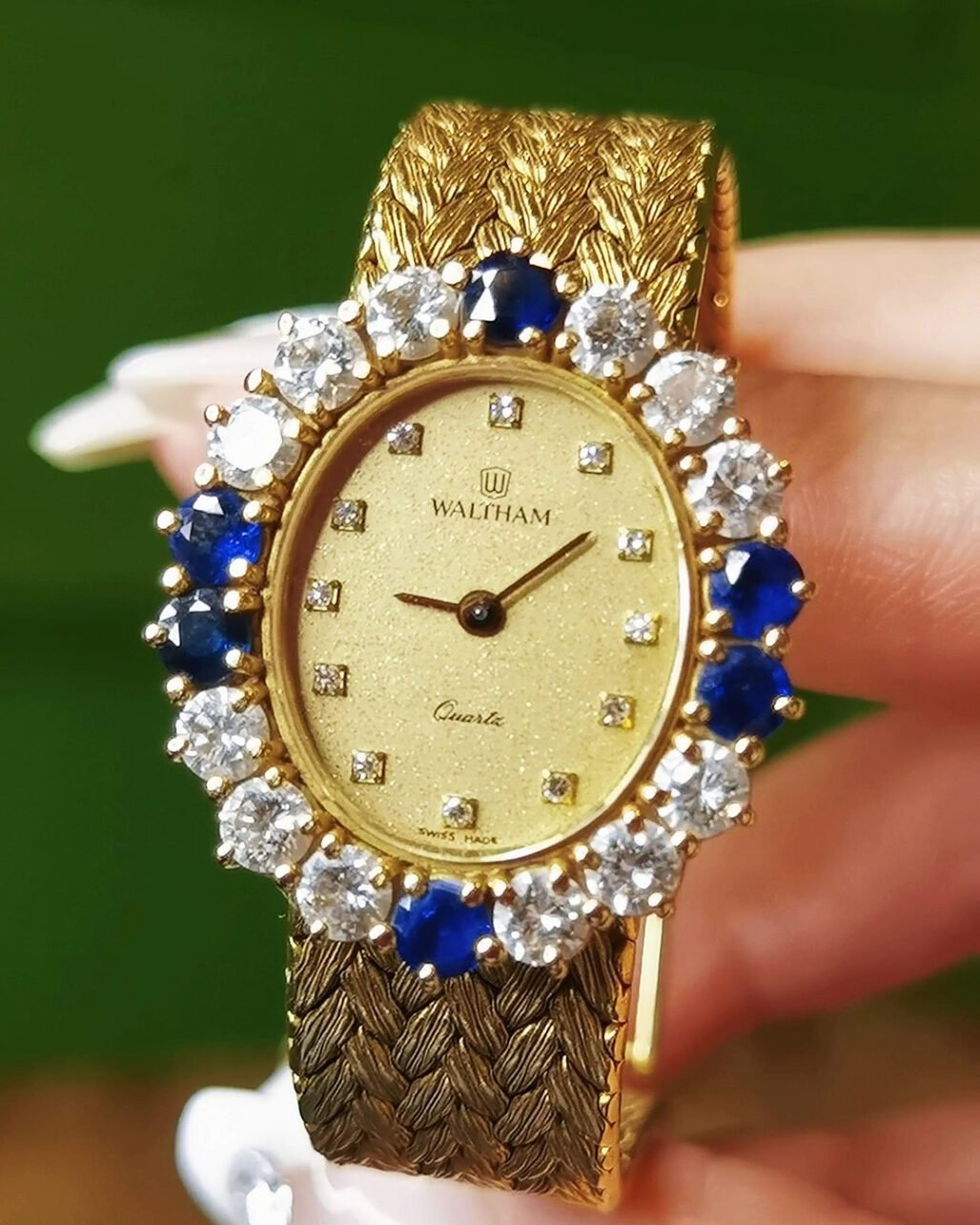 Vintage Waltham 18k Gold Watch - Wheat Bracelet & Gemstones (American Heritage)