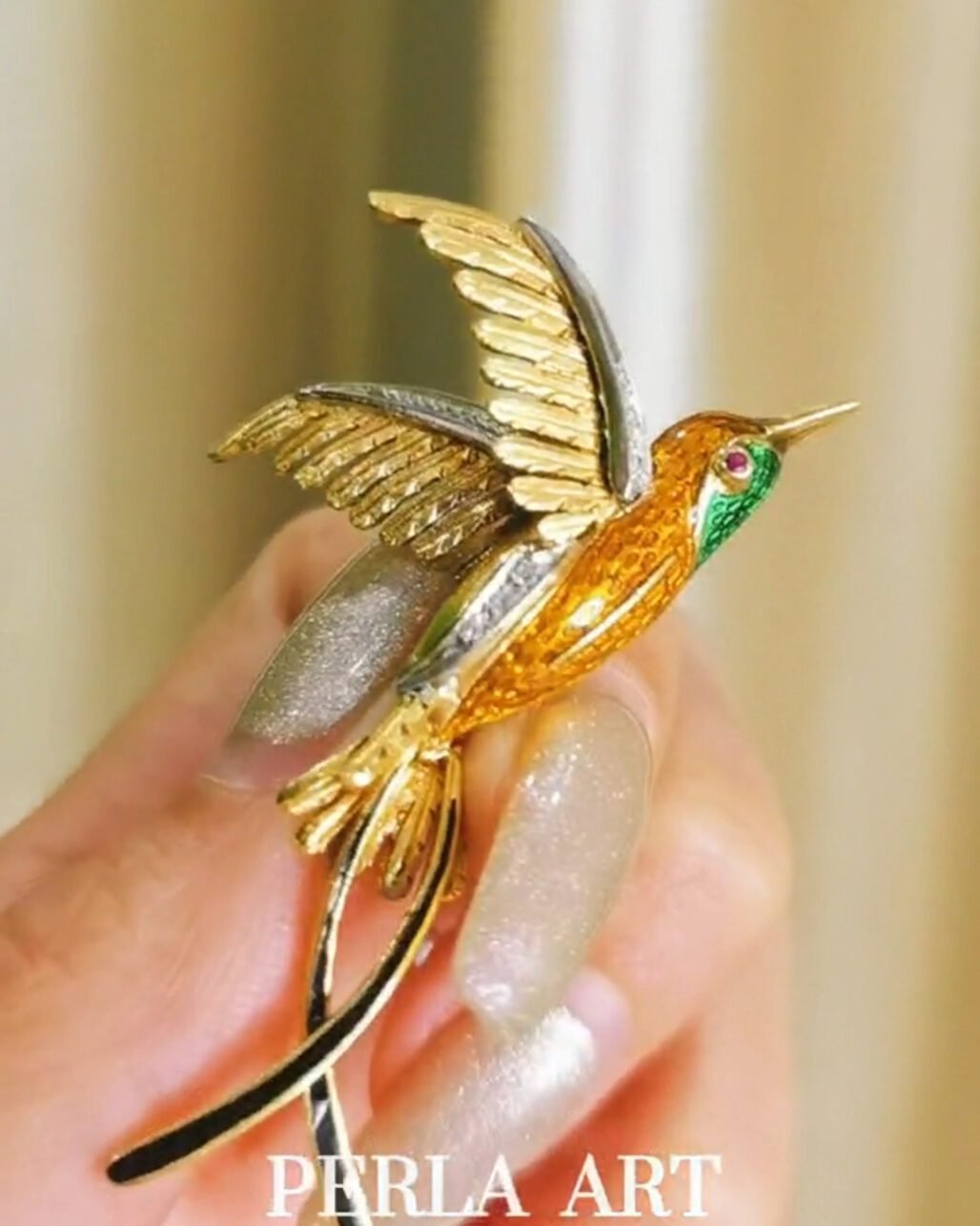 1910 Antique Hummingbird Brooch - Hand Painted Enamel & Dual Gold (Diamond/Ruby)