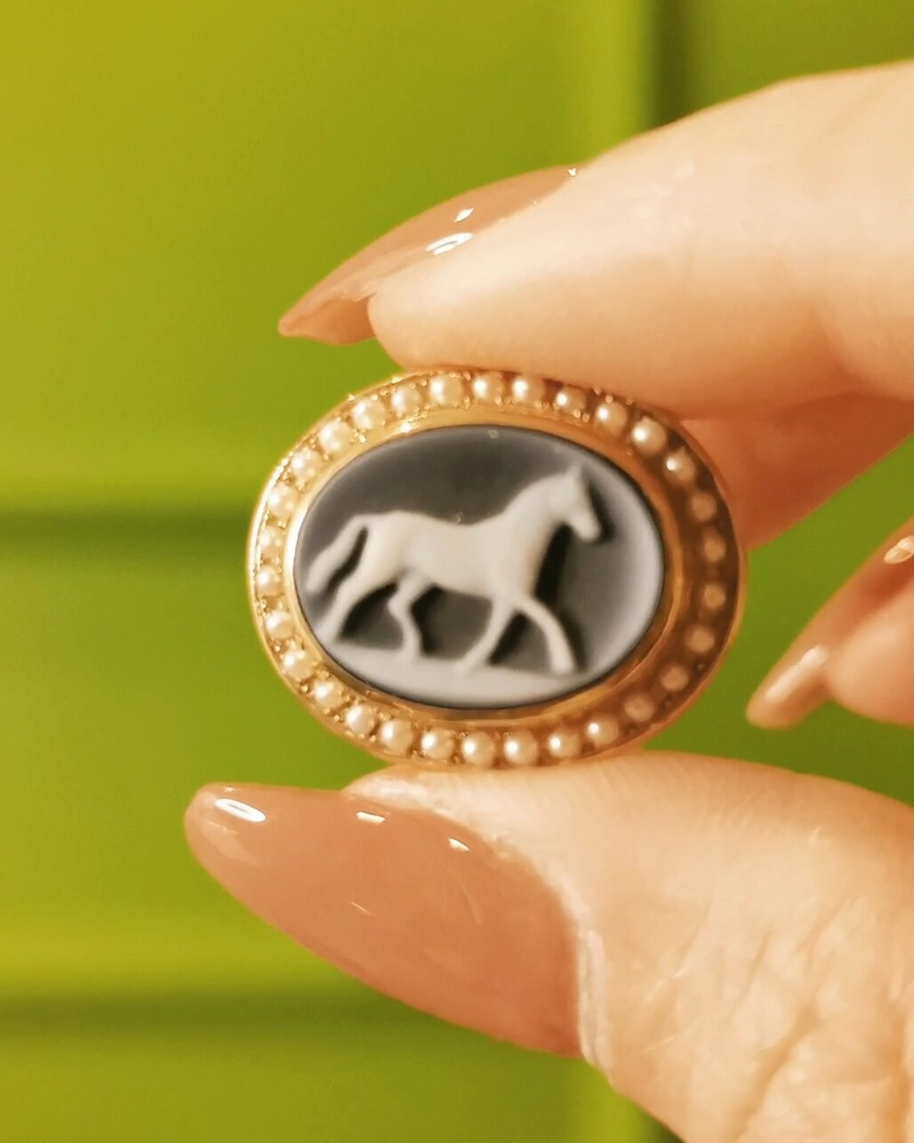 German Agate Cameo Pendant - Hand Carved White Horse (18k Gold & Seed Pearls)