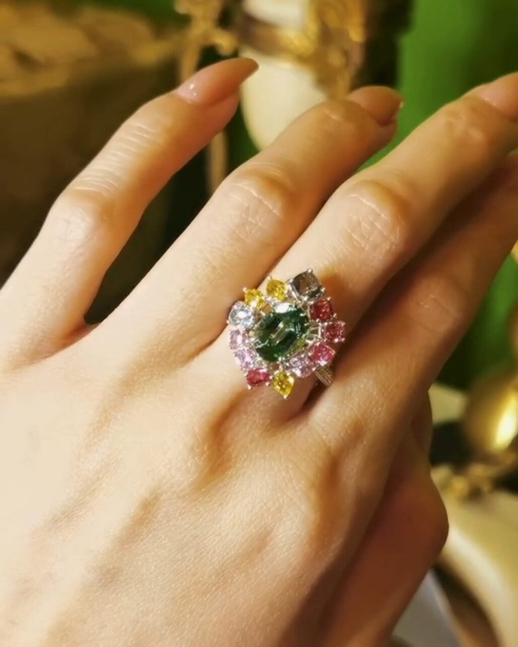 Secret Garden Green Tourmaline Ring - 2.18ct Brazilian Gem & Sapphires (German Cut)